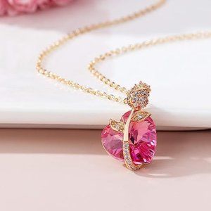 Austrian Crystal Heart Rose Flower Pendant Necklaces